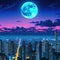 a wallpaper a night cityscape in anime neo crisp neon flat nightsky with a big shiny moon and clouds with