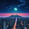 a wallpaper a night cityscape in anime neo crisp neon flat nightsky with a big shiny moon and clouds with