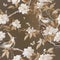 Wallpaper pattern of branches with white flowers with birds and butterflies in a brown background, autumn atmosphere