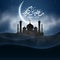 Wallpaper for Ramadan Kareem. Religion Holy Month. Hand drawn Arabic Calligraphy. Bright moon. Fog, clouds. Old Muslim city. Islam