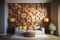 Wallpapered, wood-paneled walls with a natural wood finish. Wallcovering of wooden, tiled, and square blocks. Generative Ai