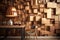 Wallpapered, wood-paneled walls with a natural wood finish. Wallcovering of wooden, tiled, and square blocks. Generative Ai