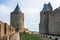 Walls of castle Carcassone, France.