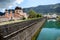 Walls of fortress and building of Serbian Orthodox Church in Kotor city, Balkans, Montenegro. Sea port of Adriatic