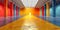 Walls of long corridor painted in vibrant and eye-catching colours. Vivid shades of paint decorate hallway making