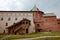 The walls of the Old Town and the towers of Veliky Novgorod, Russia. Wooden porch