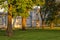 The walls of Smolny cathedral under sunset light.