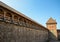 Walls and a tower of an ancient castle in the city of Lida, Belarus