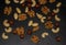 Walnut, cashew, almond and hazelnut on black background