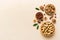 Walnut kernel halves with peanut, in a wooden bowl. Close-up, from above on colored background. Healthy eating groundnut