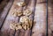 Walnut kernels on rustic old wooden table