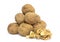 Walnut meat in front of pile of walnut shells on white background. Healthy superfood.