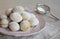 Walnut shaped cookies with cream. Shortbread with caramel and walnuts stuffing. Russian or ukrainian sweets oreshki. Copy Space