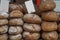 Walnut sourdough bread for sale on a market stall