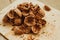 Walnuts, broken shells. Nut kernels on a wooden Board. Close up. Background or texture.