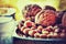 walnuts, hazel, hazelnuts in a plate.  vegetarian food, wholesome food,