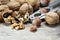 Walnuts and hazelnuts with a nutcracker on rustic wood, closeup