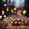 Walnuts on rustic wooden table in front of bokeh lights