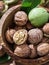 Walnuts in the wooden bowl.