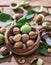 Walnuts in the wooden bowl.