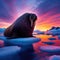 Walrus reclines on ice sheet with glorious sunset as backdrop