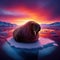 Walrus reclines on ice sheet with glorious sunset as backdrop