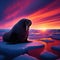 Walrus reclines on ice sheet with glorious sunset as backdrop