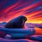 Walrus reclines on ice sheet with glorious sunset as backdrop