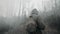 Wanderer in gas mask walking in clouds of toxic smoke survivor after nuclear war