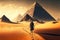 wanderer walks through desert towards egyptian pyramids