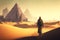 wanderer walks through desert towards egyptian pyramids