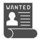 Wanted bandit solid icon. Wanted placard vector illustration isolated on white. Reward for criminal glyph style design