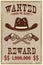 Wanted poster template. Cowboy hat and revolvers on grunge background. Design element for poster, card, banner, flyer.
