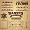 Wanted poster. Wild west vintage criminal search poster, borders and ribbons, frames and scroll elements in retro style