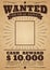 Wanted vintage western poster. Dead or alive crime outlaw. Wanted for reward vector retro banner