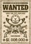 Wanted vintage western poster template, cowboy head with mustache in hat, crossed guns, bullet holes vector illustration