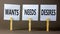 Wants needs and desires symbol. Concept words Wants Needs Desires on white papers on wooden clothespins. Beautiful grey background