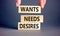 Wants needs and desires symbol. Concept words Wants Needs Desires on wooden blocks. Businessman hand. Beautiful grey background.