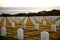 War cemetery with rows of white marble graves on green grass at sunset with ocean view. Marine veteran's cemetery