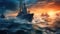 War concept, Battle scene at sea, Naval warships, Boats in an active combat zone, Battleships in the navy, Military at sea