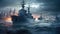 War concept, Battle scene at sea, Naval warships, Boats in an active combat zone, Battleships in the navy, Military at sea