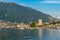 War memorial and Tempio Voltiano on shore of lake Como in Italy