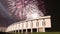 War memorial in Victory Park on Poklonnaya Hill and fireworks, Moscow, Russia.