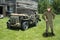 War, Military Army Officer and Retro Jeep Vehicle