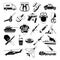 War monochrome icons set. Silhouette of military pictures. Battleship, soldiers, trucks, and different weapons