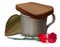 War mug with water, bread, red carnation flower and military cap. Symbol of memory of dead