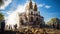 War in Ukraine, burned cathedral, people stay on ruins.