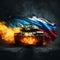 War in Ukraine. Illustration of a burning tank on the background of the Russian flag. 3D image.