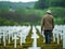 war veteran reflecting at a military cemetery, standing among rows of white crosses and paying tribute to fallen comrades,