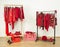 Wardrobe with red clothes hanging on a rack nicely arranged.